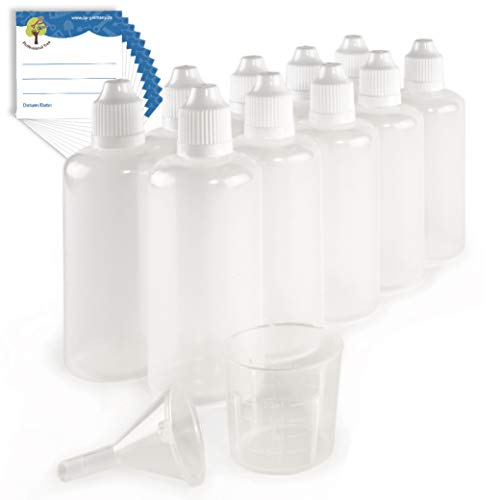 ProfessionalTree® Botellas para líquido con Sistema de Goteo 10x100 ml. con Embudo de medición - 10 Etiquetas - para conservar líquidos - Seguro para niños - Calidad LDPE