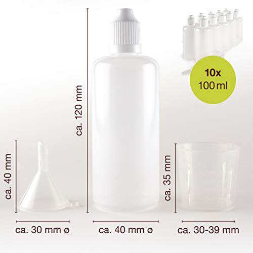 ProfessionalTree® Botellas para líquido con Sistema de Goteo 10x100 ml. con Embudo de medición - 10 Etiquetas - para conservar líquidos - Seguro para niños - Calidad LDPE