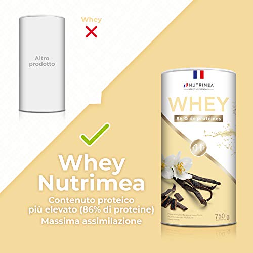 Proteína Whey en Polvo - Suero de leche - Para Entrenar, el Crecimiento Muscular, el Rendimiento, la Recuperación - Sabor a Vainilla - 26 g de proteína por porción - Nutrimea - Fabricado en Francia