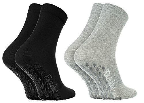 Rainbow Socks - Hombre Mujer Calcetines Antideslizantes ABS Colores de Algodón - 2 Pares - Negro Gris - Talla 44-46