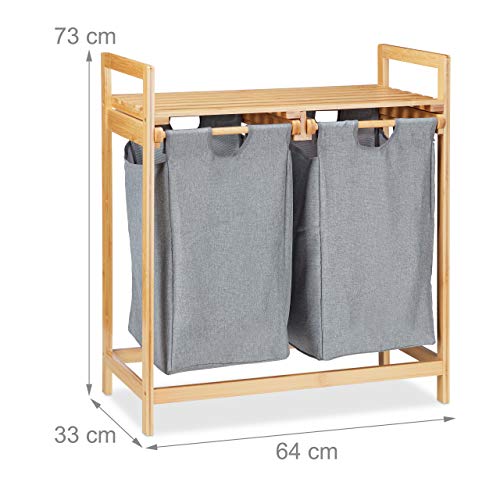 Relaxdays Cesto para la ropa sucia con estante, 2 compartimentos, 2 bolsas de 30 L, cesta para la colada de bambú, 73 x 64 x 33 cm, natural/gris, 1 unidad