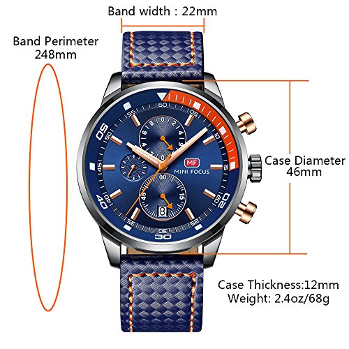 Relojes para Hombres, Mini Focus Analógico de Cuarzo Reloj Impermeable Deportivo cronógrafo Correa de Cuero Fecha para Regalo (Azul)
