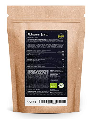 Semillas de ispaghul orgánico enteras 250 g - calidad superior: 99% de pureza - bolsa con cierre hermético - libre de lactosa y de gluten, vegano - llenado en Alemania