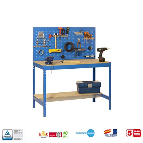 Simonrack 448100045159062 Banco de trabajo (1440 x 900 x 600 mm, 2 estantes y 1 panel perforado, 400 kg-250 kg) color azul/madera, 900 mm