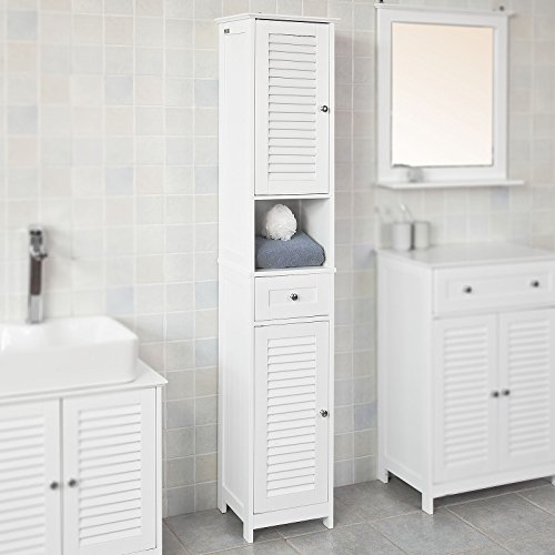 SoBuy Armario para baño Alto Mueble Columna de baño estanterías de baño-2 Puertas y 1 cajón FRG236-W,ES