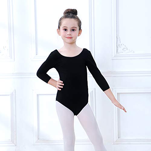 Soudittur Maillot de Ballet Danza Clásico para Niña Manga 3/4 Body Leotardo Gimnasia Ritmica (Negro, Tag 110(Height: 105-115 cm))