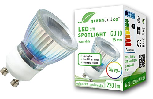 Spot LED greenandco® IRC 90+ GU10 35mm 3W (corresponde a 30W) 220lm 3000K (blanco cálido) 50° 230V AC, sin parpadeo, no regulable