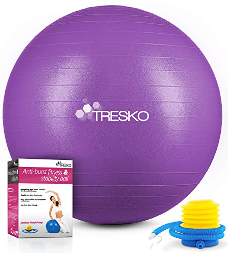 TRESKO® Pelota de Gimnasia Anti-Reventones | Bola de Yoga Pilates y Ejercicio | Balón para Sentarse | Balon de Ejercicio para Fitness | 300 kg | con Bomba de Aire | Púrpura | 55cm
