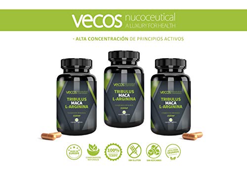 Tribulus Terrestris Vecos con Maca y L-Arginina – Aumento de masa muscular y testosterona - 100 cápsulas vegetales – 100% Apto Veganos