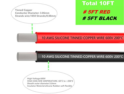 TUOFEG Cable de silicona de calibre 10 Hook Up alambre cable 3 m [1.5 m negro y 1.5 m rojo] suave y Flexible 400 hilos 0,08 mm de alambre de cobre estañado alta resistencia a la temperatura