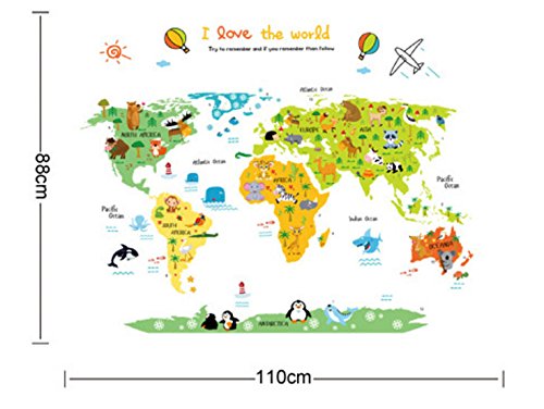 ufengke Mapa del Mundo de La Historieta Animal Lindo Pegatinas de Pared, Vivero Habitación de Los Niños Removible Etiquetas de La Pared/Murales