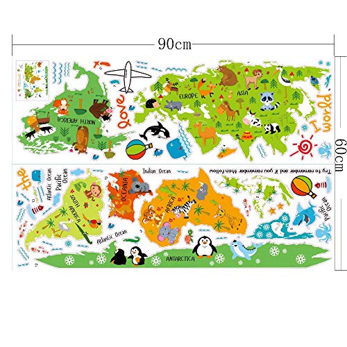 ufengke Mapa del Mundo de La Historieta Animal Lindo Pegatinas de Pared, Vivero Habitación de Los Niños Removible Etiquetas de La Pared/Murales