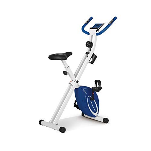 Ultrasport F-Bike Design Bicicleta estática de fitness plegable con sillín de gel, portabidones, pantalla LCD, sensores de pulso, compacta y plegable, carga máxima 110 kg, Azul Marino