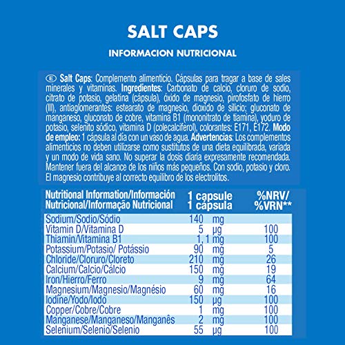 Victory Endurance Salt Caps. 90 capsulas. Con un aporte extra de vitaminas D y B1. Con sodio, potasio, Cloro, Calcio, Hierro, Magnesio, Yodo, Cobre, Manganeso, Selenio.