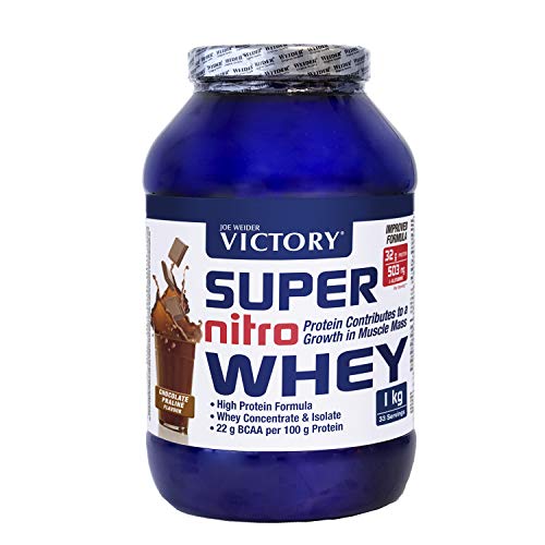 Victory Super Nitro Whey Chocolate-Praliné (1 kg). Concentrado y aislado de suero. fuente proteica rica en BCAAs. Recuperación muscular. Con L-Glutamina, Vitamina B6 y Calcio.