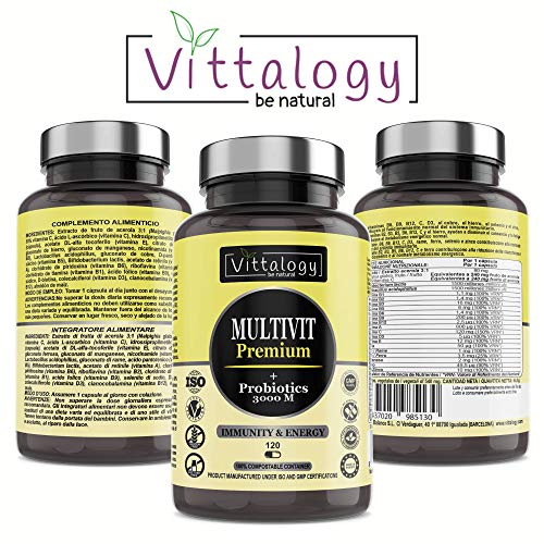 Vittalogy Multivit Premium. Multivitaminas Con Sales Minerales y Probióticos. Combate El Cansancio Y Aumenta Las Defensas. Hombre Y Mujer. Mejora En El Deporte Y Estudio. 120 Cápsulas.