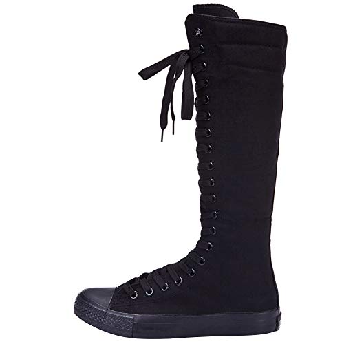 Yirenhuang Mujer Moda Rodilla Alta Botas Niña Con Cordones Cremallera Plano Zapatos de Lona F888 Puro Negro EU38
