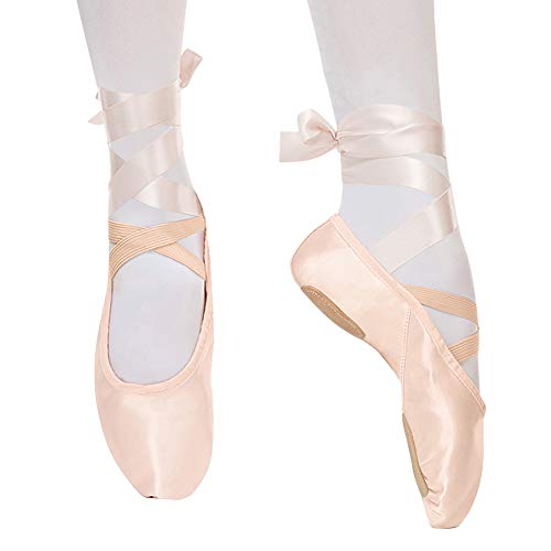 Zapatillas de Ballet Suela Partida Satín Zapatos de Danza y Gimnasia con Cinta para Niñas y Adultos 29 EU