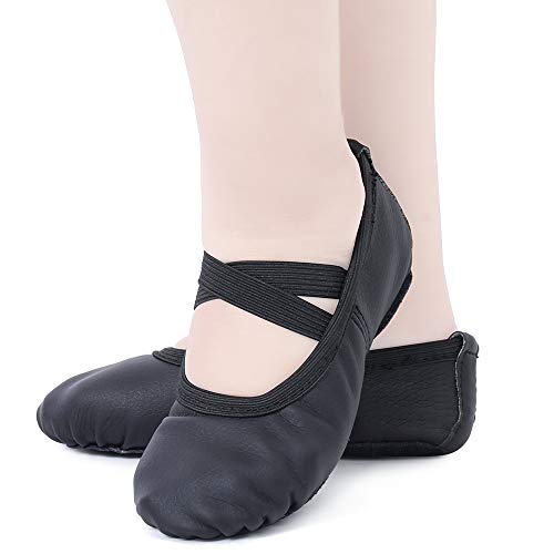 Zapatillas de Danza Cuero Zapatos Media Punta de Ballet y Gimnasia para Niña y Mujer Negro 29