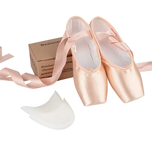 Zapatos de Punta Satén Zapatillas de Ballet con Puntera de Gel de Silicona y Cintas para Mujeres y Niñas 37