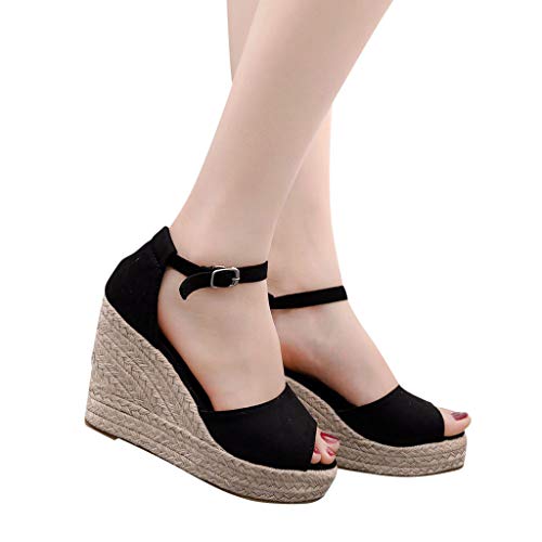 2019 Verano Sandalias Romanas Mujer, Zapato Peep-Toe Con Plataforma Cuña Alpargatas Zapatillas De Boda Fiesta Sandalias De Vestir De Talla Grande 33-44 EU(Negro, 33 EU)