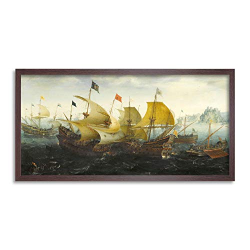 Aart Battle Cadiz Dutch English Ships Painting Framed Wall Art Print Long 25X12 Inch Batalla holand�s Embarcacion Pintura Pared