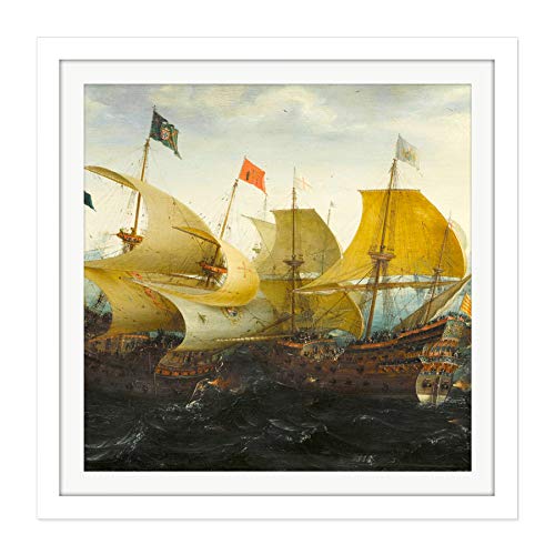 Aart Battle Cadiz Dutch English Ships Painting Square Wooden Framed Wall Art Print Picture 16X16 Inch Batalla holand�s Embarcacion Pintura Madera Pared Imagen