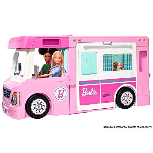 Barbie Caravana para acampar 3 en 1 de Barbie con piscina, camioneta, barca y 50 accesorios, regalo para niñas y niños 3-9 años (Mattel GHL93)
