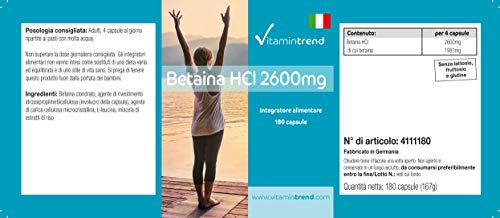 Betaina HCl 2600mg - 180 cápsulas - vegano - dosis alta