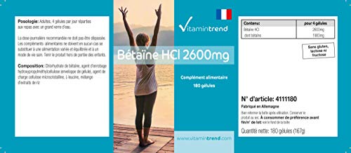 Betaina HCl 2600mg - 180 cápsulas - vegano - dosis alta