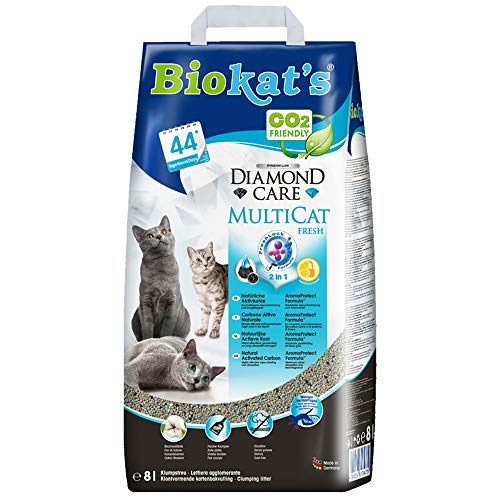 Biokat's Diamond Care MultiCat Fresh, con fragancia - Arena fina con carbón activo para hogares en los que viven varios gatos 1 saco (1 x 8 l)
