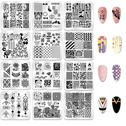 Biutee Set de Stamping Nail Art 12 Pcs Plantillas para Uñas +1pcs Estampador+1pcs Raspador +1 Pcs Bolso Para Placa