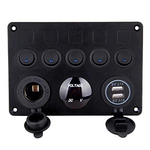 Bostar 5 Brazo Interruptor de pandilla Panel de Control LED balancín 12V / 24V Coche Barco Marino 2 USB y voltímetro