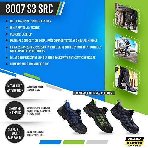 Calzado de Seguridad Impermeable para Hombres Puntera de Composite Sin Metal Ultraligera Botas de Trabajo para Caminar con Entresuela de Kevlar y al Tobillo S3 SRC 8007 Black Hammer (43 EU)