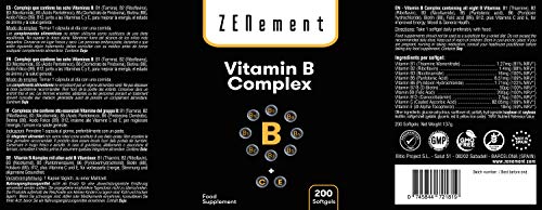 Complejo de Vitaminas B, 200 Perlas | Ocho Vitaminas B (B1, B2, B3, B5, B6, B12, Biotina y Ácido Fólico) + Vit. C y E | Mejora la energía, el estado de ánimo y la salud general | de Zenement
