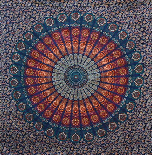 Craftozone Multi-Colored Mandala Tapestry Indian Wall Hanging, Bedsheet (Dark Blue, 230x220 cms)