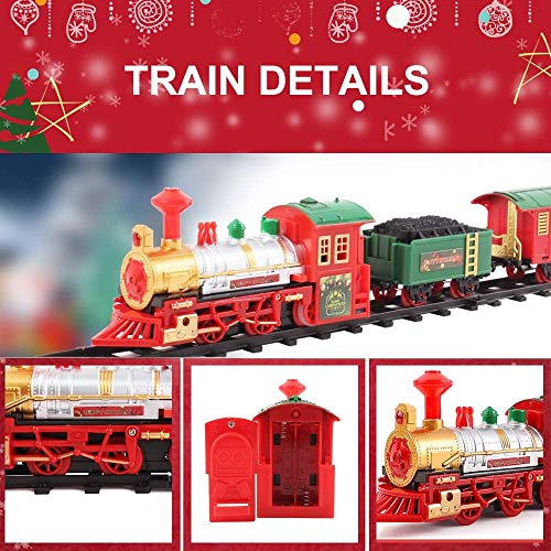deAO Tren Clásico Infantil con Luces y Sonidos Conjunto Navideño de Vías, Locomotora y 3 Vagones Tren de Juguete Electrónico Decoración de Navidad