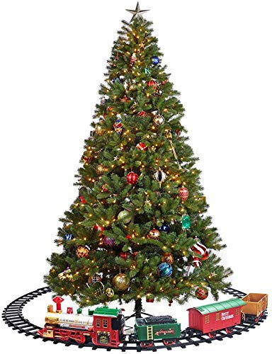 deAO Tren Clásico Infantil con Luces y Sonidos Conjunto Navideño de Vías, Locomotora y 3 Vagones Tren de Juguete Electrónico Decoración de Navidad