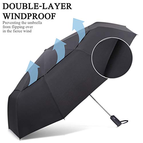 DORRISO Hombres Mujer Automático Plegable Paraguas Grande Compacto Portátil Viajar Paraguas Antiviento Impermeable Unisexo Paraguas Negro