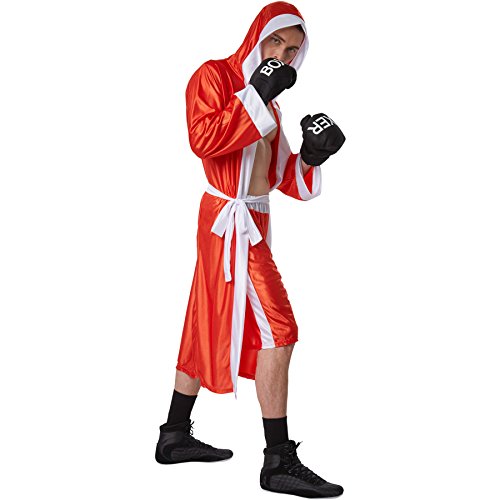 dressforfun Disfraz de boxeador para hombre | Pantalones cortos con cintura elástica | Albornoz de boxeador con capucha | Incl. guantes de boxeo y cinturón (Rojo XXL | No. 301838)