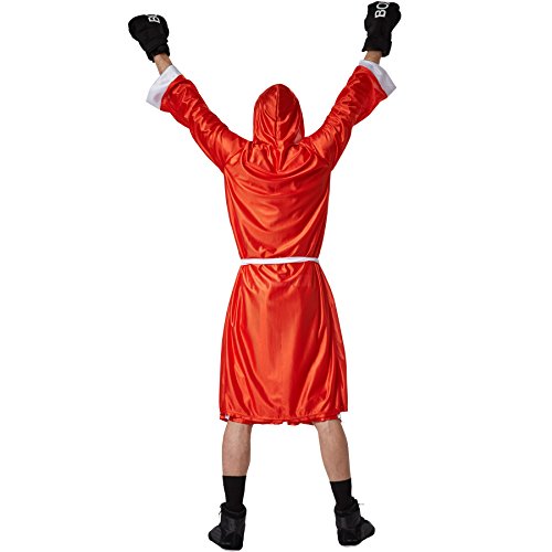 dressforfun Disfraz de boxeador para hombre | Pantalones cortos con cintura elástica | Albornoz de boxeador con capucha | Incl. guantes de boxeo y cinturón (Rojo XXL | No. 301838)