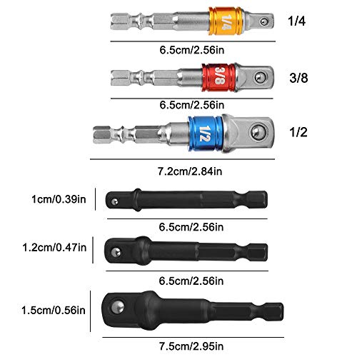 FineGood - Juego de 6 adaptadores de puntas de zócalo, 6 unidades, 1/4 pulgadas, 3/8 pulgadas, 1/2 pulgadas, juego de barras de extensión de potencia de perforación de alta velocidad