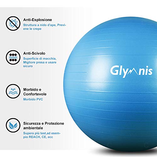 Glymnis Pelota de gimnasia - Antiestallido [Carga máxima de 450 kg] con bomba rápida, perfecta para pilates, entrenamiento, yoga y fitness [Azul - 55cm]