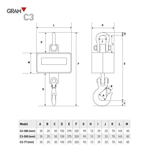 GRAM C3 Dinamómetro Báscula Gancho/Pantalla LED/Control remoto/Batería recargable/Resistencia peso industrial (500 kg / 100 g)