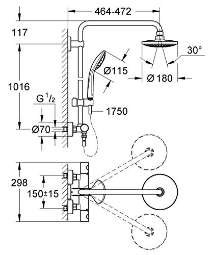 Grohe 27296001 Euphoria 180 - Sistema de ducha con termostato, alcachofa de 180 mm y teleducha tres chorros de 110 mm