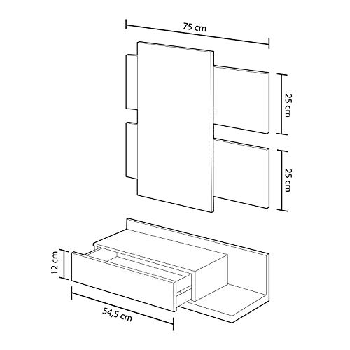 Habitdesign Recibidor con cajón y Espejo, Mueble de Entrada, Modelo Tekkan, Acabado en Blanco Artik y Gris Cemento, Medidas: 75 cm (Ancho) x 116 cm (Alto) x 29 cm (Fondo)