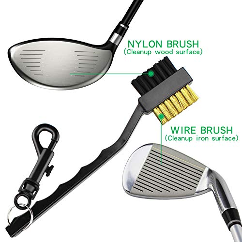 IKAAR - Cepillo y limpiador de surcos para palos de golf de golf de doble cara, nailon y latón, para limpiar la cara y surco, con mosquetón para colgar fácilmente en la bolsa de golf, color negro