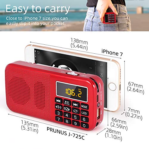 J-725C Radio FM portátil pequeña, Radio de batería Recargable Digital con Reloj Despertador, Linterna LED, Tiempo de reproducción ultralargo, Reproductor de MP3 AUX Micro-SD Pendrive, de PRUNUS(Rojo)