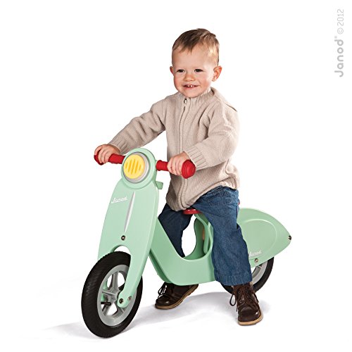 Janod - Motocicleta sin pedales de madera Mint- Vintage con aspecto retro - Aprendiendo Balance y Autonomía - Sillín ajustable, Neumáticos inflables - Color verde menta - Desde 3 años, J03243