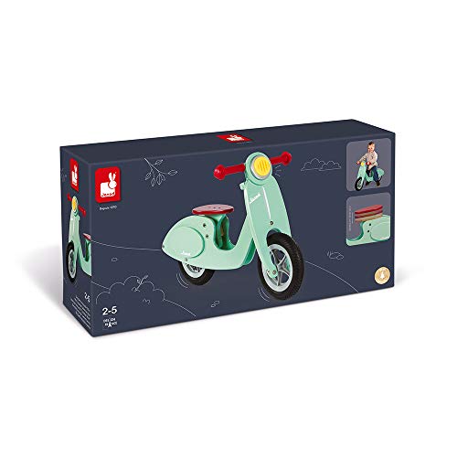 Janod - Motocicleta sin pedales de madera Mint- Vintage con aspecto retro - Aprendiendo Balance y Autonomía - Sillín ajustable, Neumáticos inflables - Color verde menta - Desde 3 años, J03243